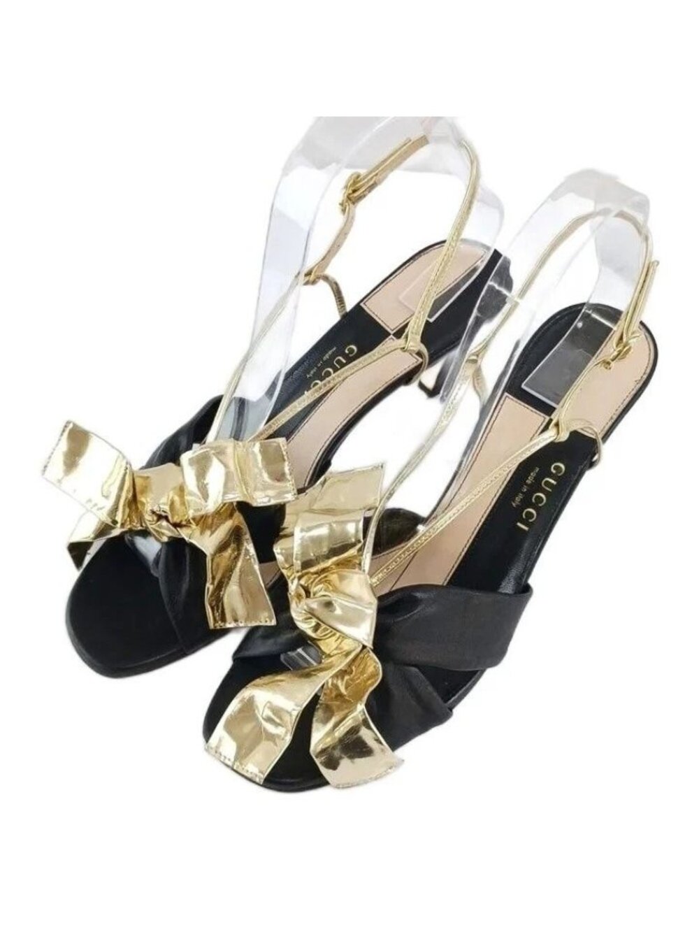 Gucci Daphne Metallic Leather Ribbon Slingback Sandals Open Toe Middle Heels